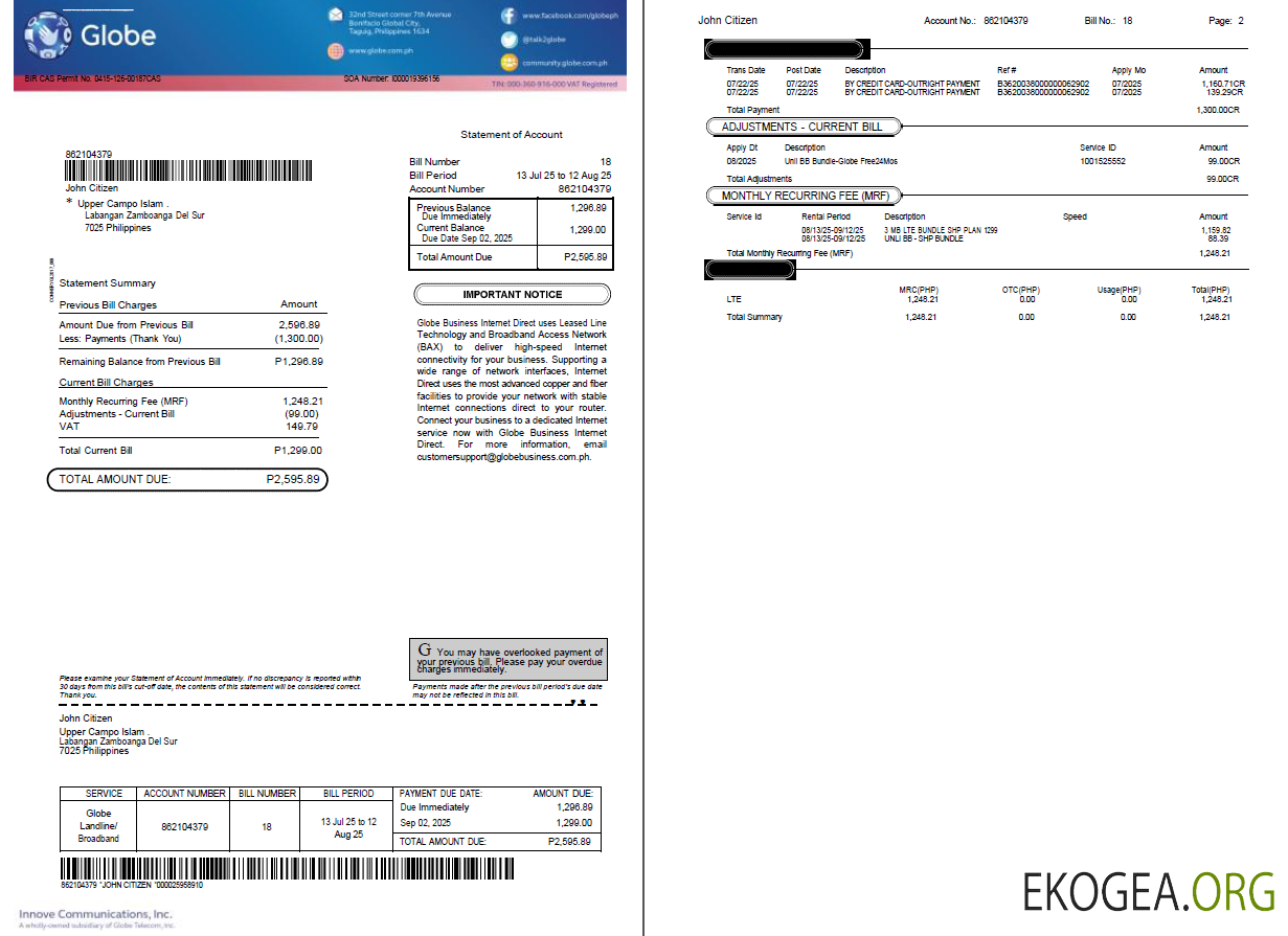 Philippines Globe utility bill template in word and pdf formats, 2 pages template